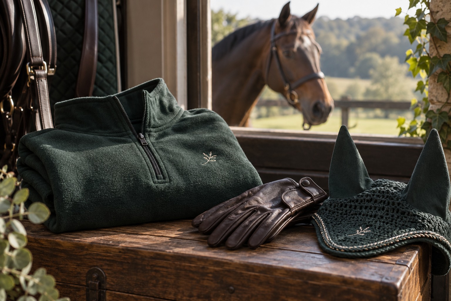 A forest-green fleece folded neatly beside dark leather gloves and a simple embroidered ear bonnet.
