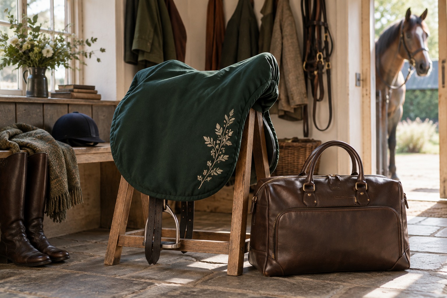 A deep green embroidered saddle cover neatly presented with a leather bridle bag in a warm country boot room.