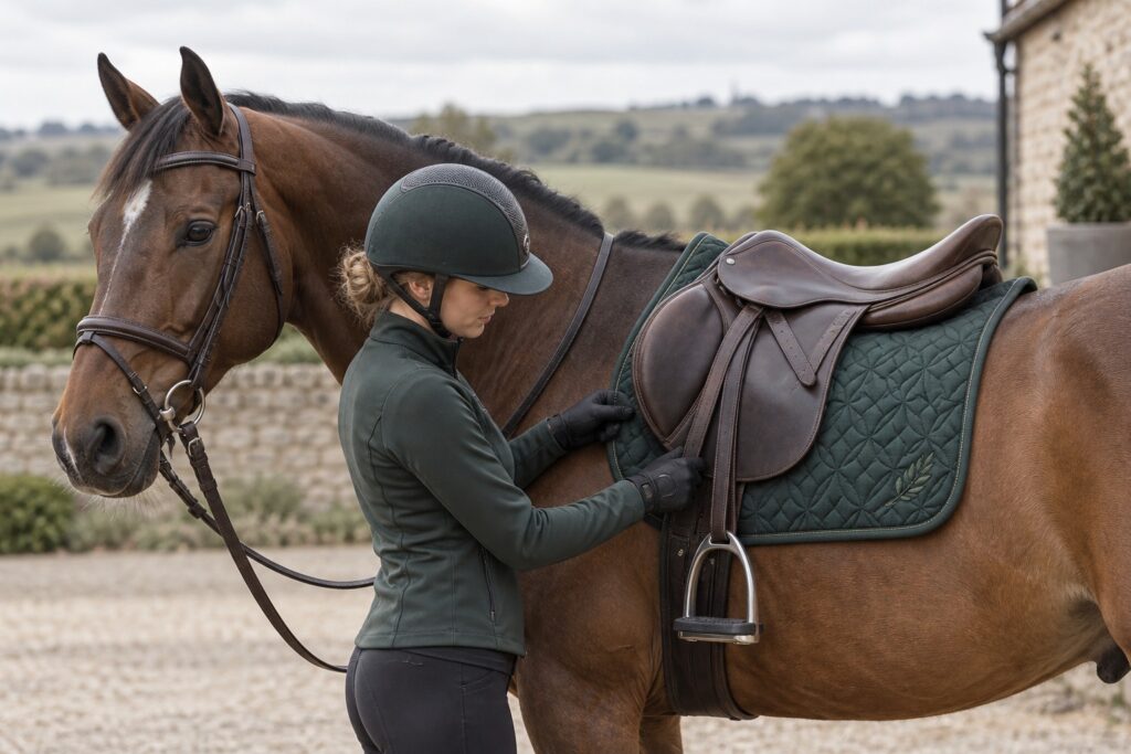 A dark green embroidered saddle pad correctly placed under a brown leather saddle on a bay horse.