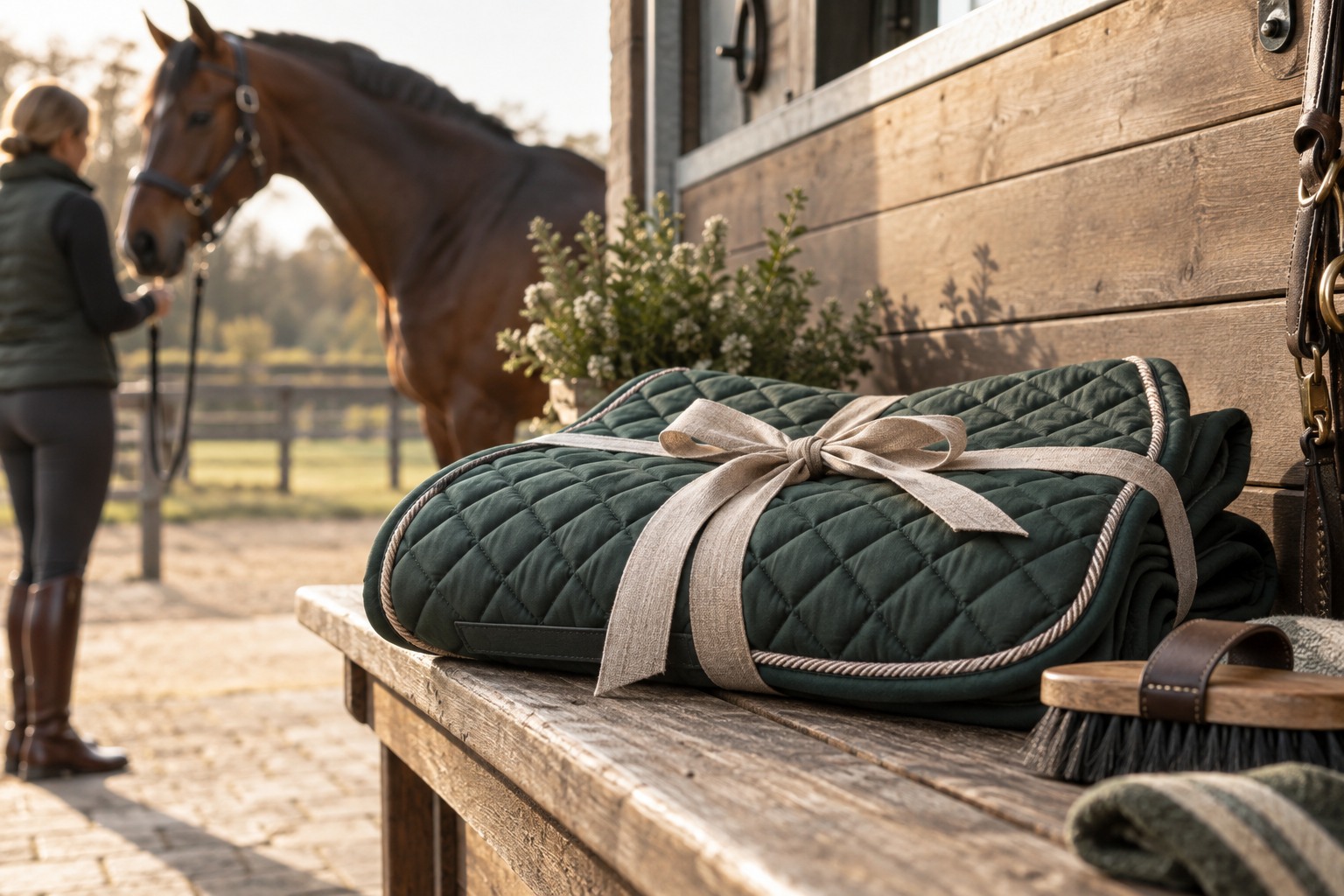 A neatly folded quilted saddle pad tied with a restrained linen ribbon beside a grooming brush.
