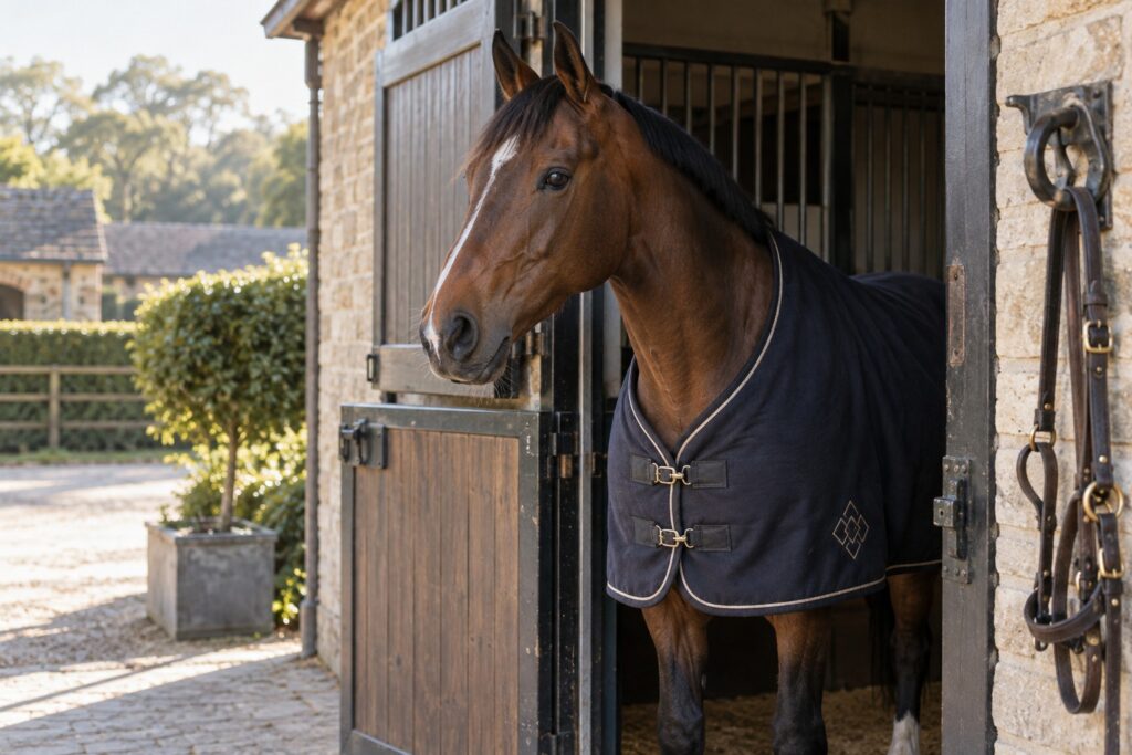 A calm bay horse at a traditional stable door wearing a well-fitted dark cooler with subtle stitched geometric monogram.