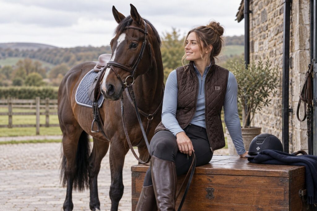 An adult rider in a dark brown quilted gilet and a soft blue base layer sitting casually on a solid wooden tack trunk.