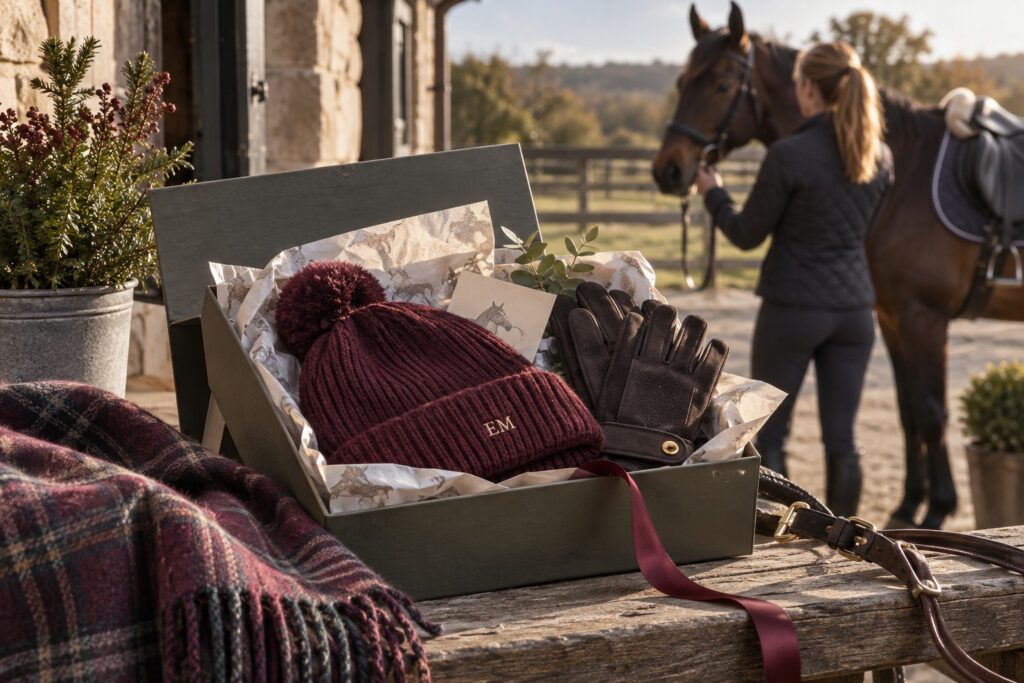 An open gift box holding a burgundy equestrian beanie with tiny embroidered initials.
