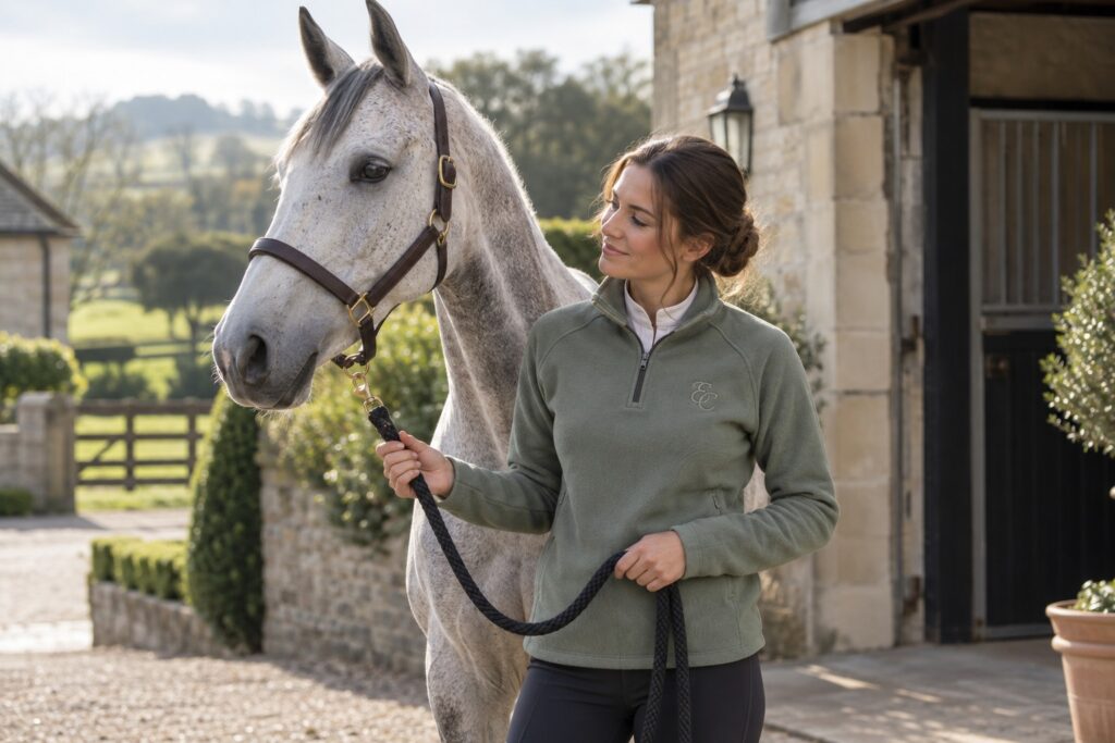 A female adult rider in a muted sage riding fleece with discreet chest monogram holding a correctly fitted halter lead beside a grey horse.