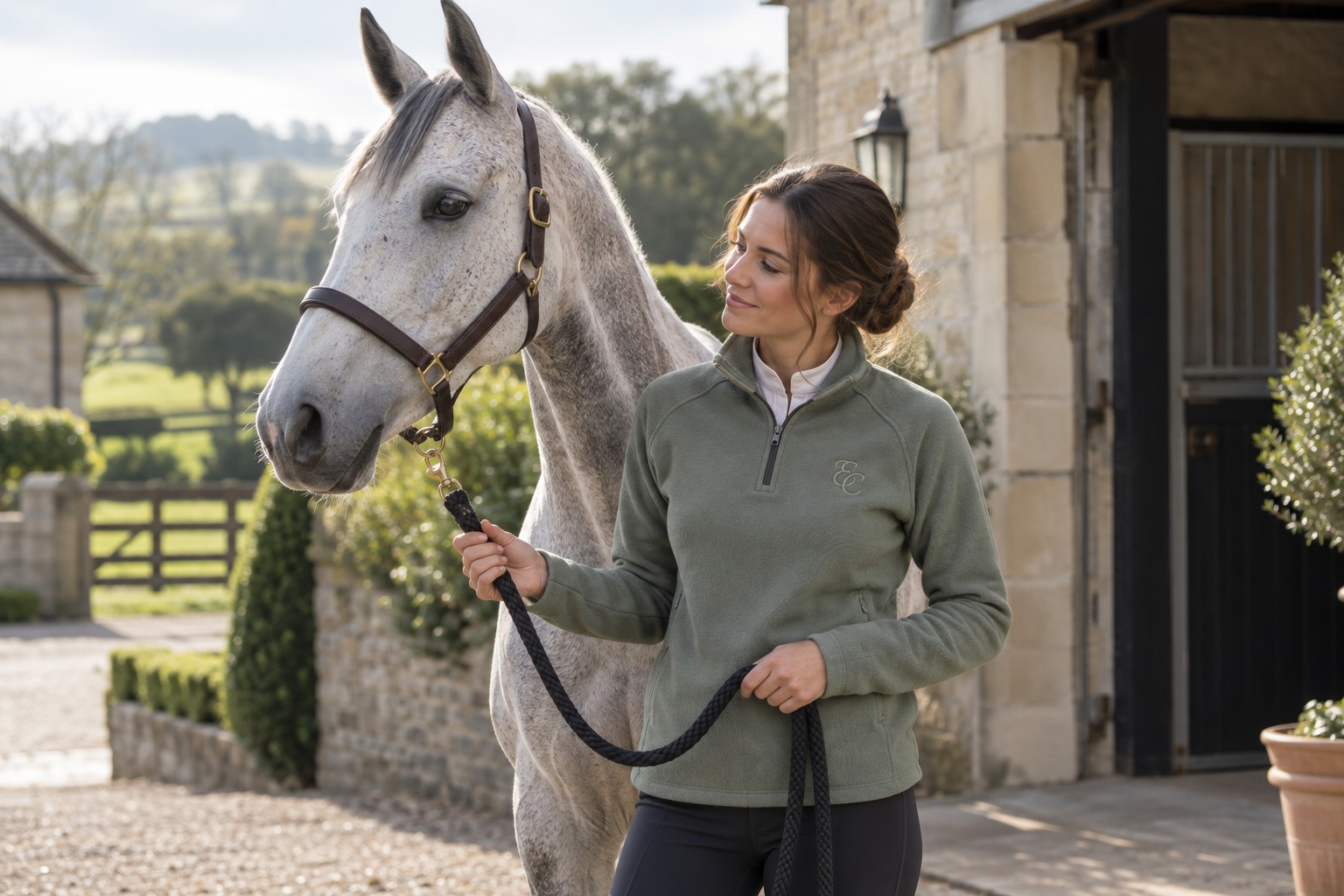 A female adult rider in a muted sage riding fleece with discreet chest monogram holding a correctly fitted halter lead beside a grey horse.