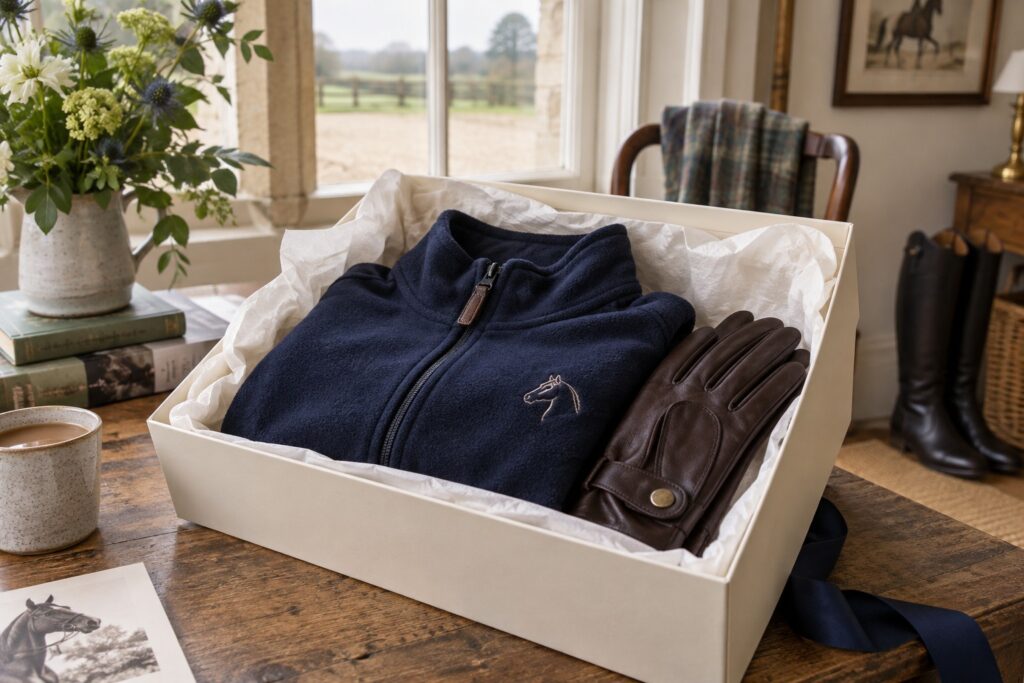 A cream tissue-lined gift box containing a folded embroidered navy riding fleece and leather gloves.