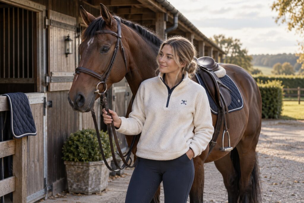 An adult equestrian wearing a soft cream fleece with understated navy chest embroidery beside a traditional timber stable.