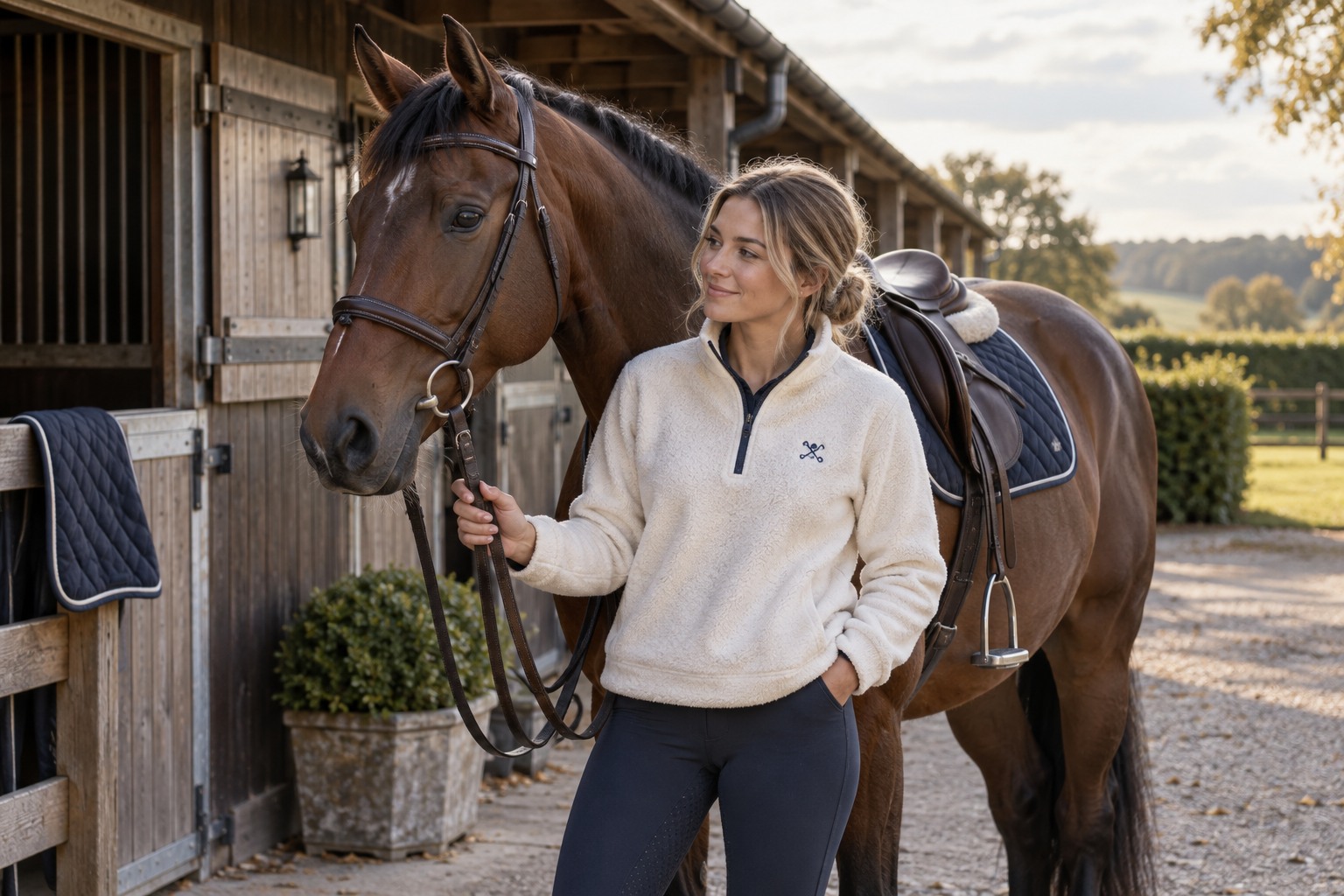 An adult equestrian wearing a soft cream fleece with understated navy chest embroidery beside a traditional timber stable.