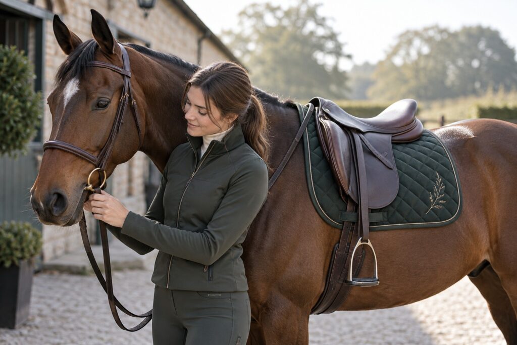 A dark green embroidered saddle pad correctly placed under a brown leather saddle on a bay horse.