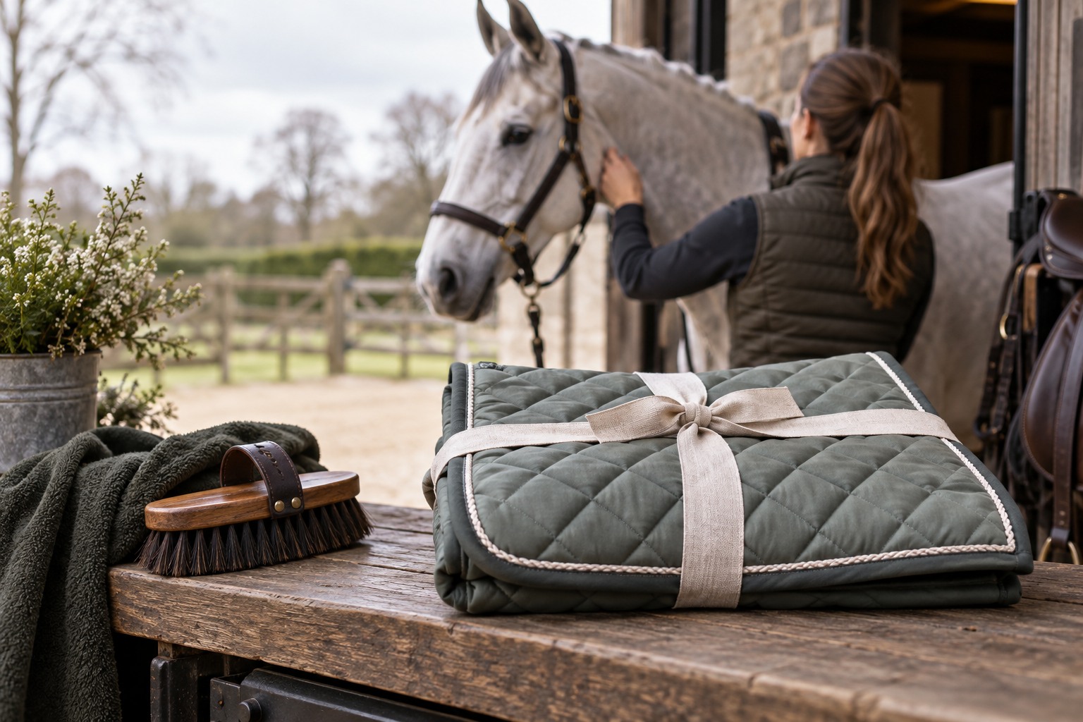 A neatly folded quilted saddle pad tied with a restrained linen ribbon beside a grooming brush.