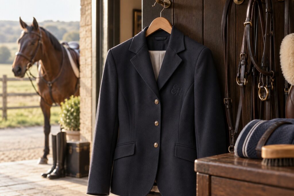A dark navy riding jacket on a wooden hanger.