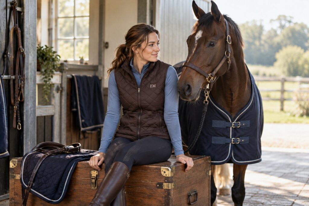 An adult rider in a dark brown quilted gilet and a soft blue base layer sitting casually on a solid wooden tack trunk.