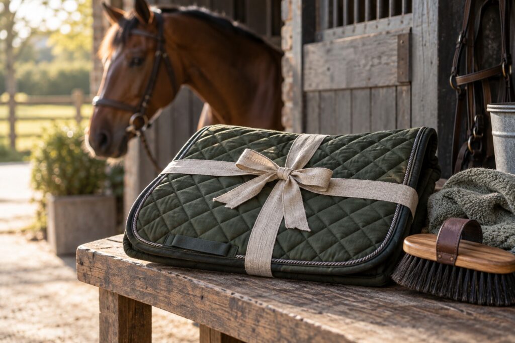 A neatly folded quilted saddle pad tied with a restrained linen ribbon beside a grooming brush.