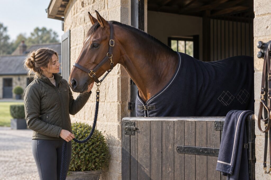 A calm bay horse at a traditional stable door wearing a well-fitted dark cooler with subtle stitched geometric monogram.