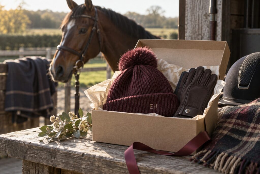 An open gift box holding a burgundy equestrian beanie with tiny embroidered initials.