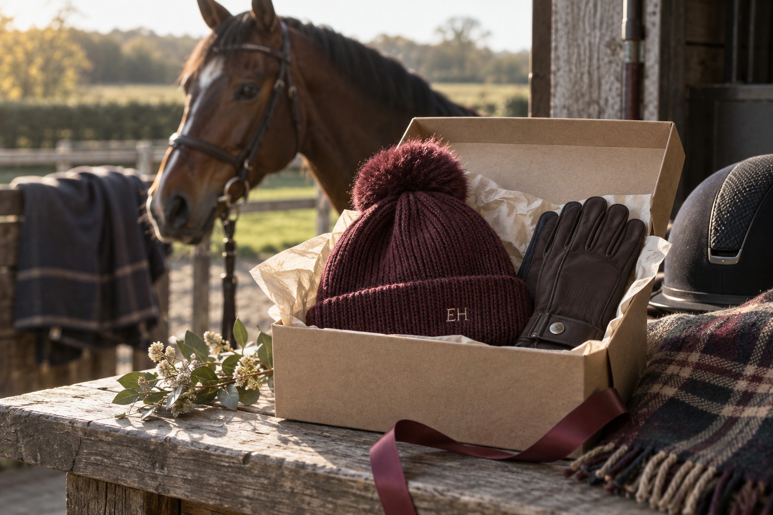 An open gift box holding a burgundy equestrian beanie with tiny embroidered initials.