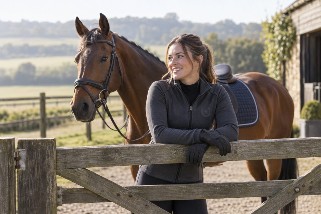 A female adult rider leaning on a paddock gate in a charcoal fitted riding jacket with small tonal stitched crest.