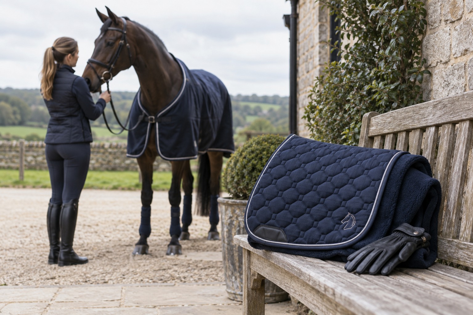 Richly textured navy quilted horsewear neatly folded on an old oak bench next to polished black leather gloves.