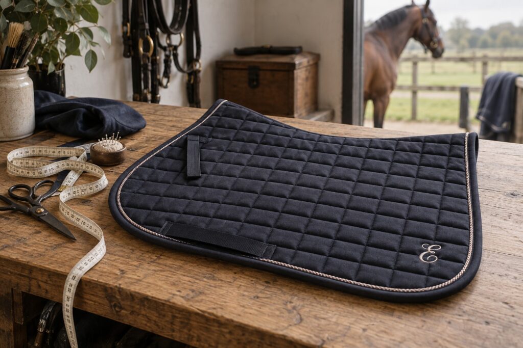 A saddle pad laid flat on an oak workbench with a small embroidered monogram at the lower rear corner.