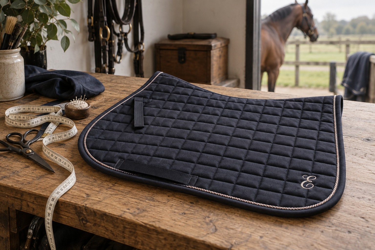 A saddle pad laid flat on an oak workbench with a small embroidered monogram at the lower rear corner.