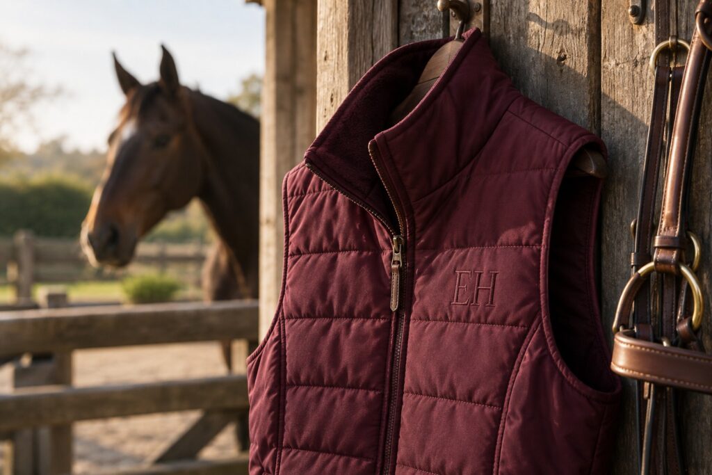 Close-up of tone-on-tone stitched initials on a burgundy riding gilet hanging against aged timber.
