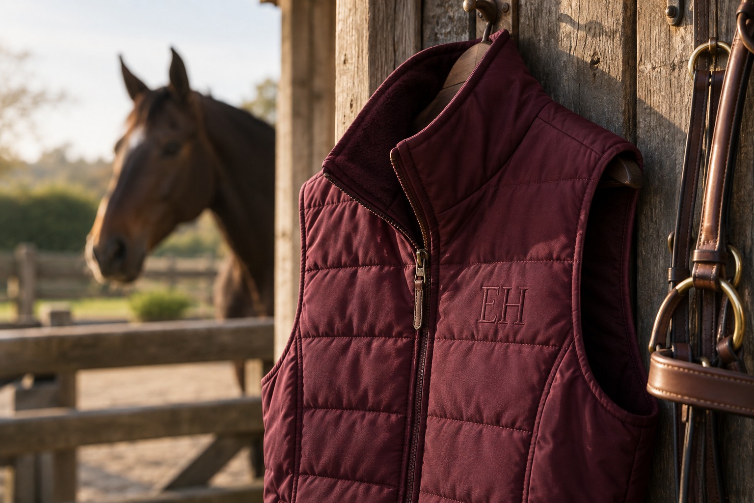 Close-up of tone-on-tone stitched initials on a burgundy riding gilet hanging against aged timber.