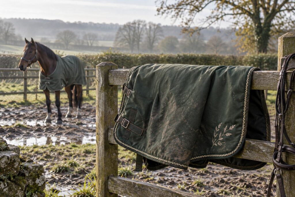 A moss green embroidered horse cooler draped on a rail overlooking a damp paddock.