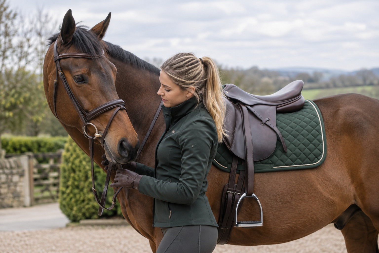 A dark green embroidered saddle pad correctly placed under a brown leather saddle on a bay horse.