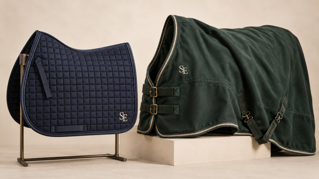 Navy saddle pad and forest-green horse rug with cream SE embroidered monograms in a studio setting