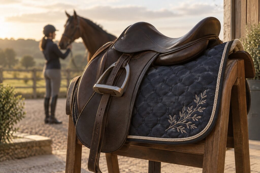 Detailed oblique photograph of the back corner of a quilted saddle pad beneath a correctly positioned leather saddle on a saddle stand.