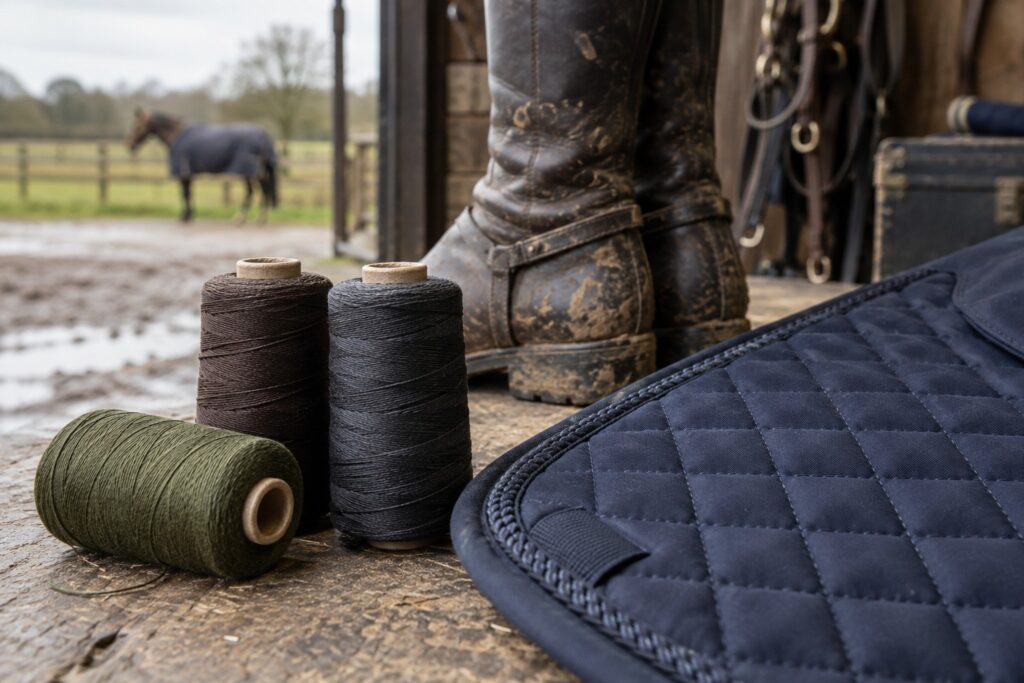 Earth-toned embroidery threads and quilted horsewear for muddy weather.