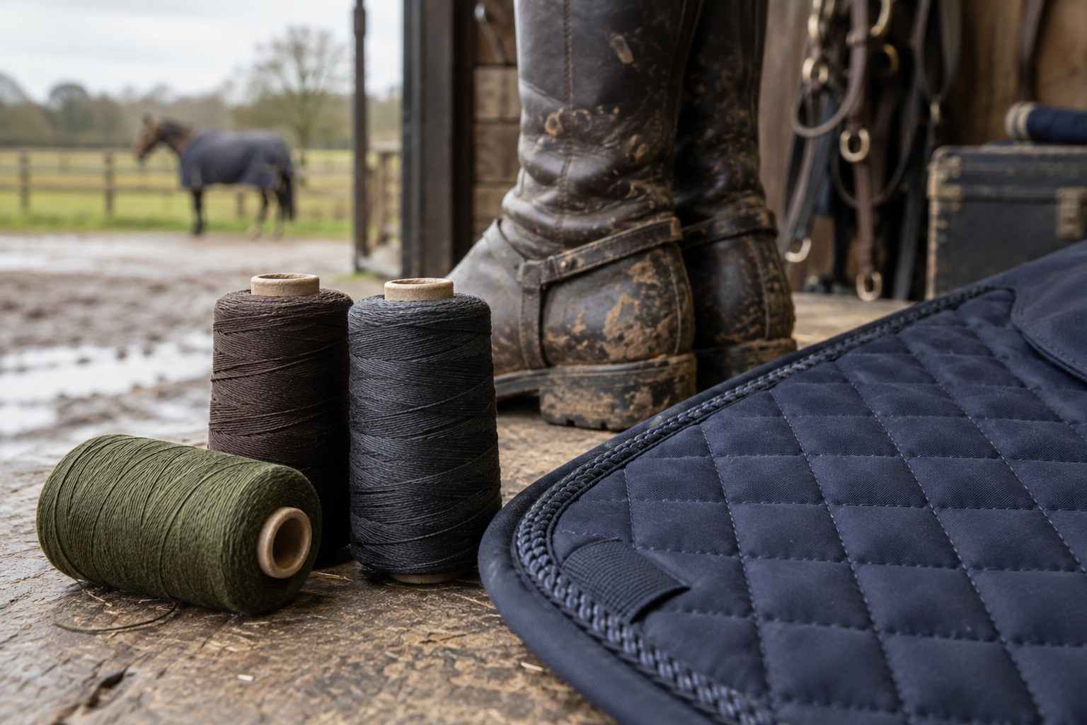 Earth-toned embroidery threads and quilted horsewear for muddy weather.
