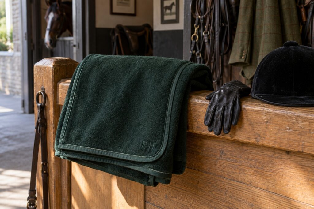 Classic dark green horsewear with restrained embroidery and leather riding accessories.
