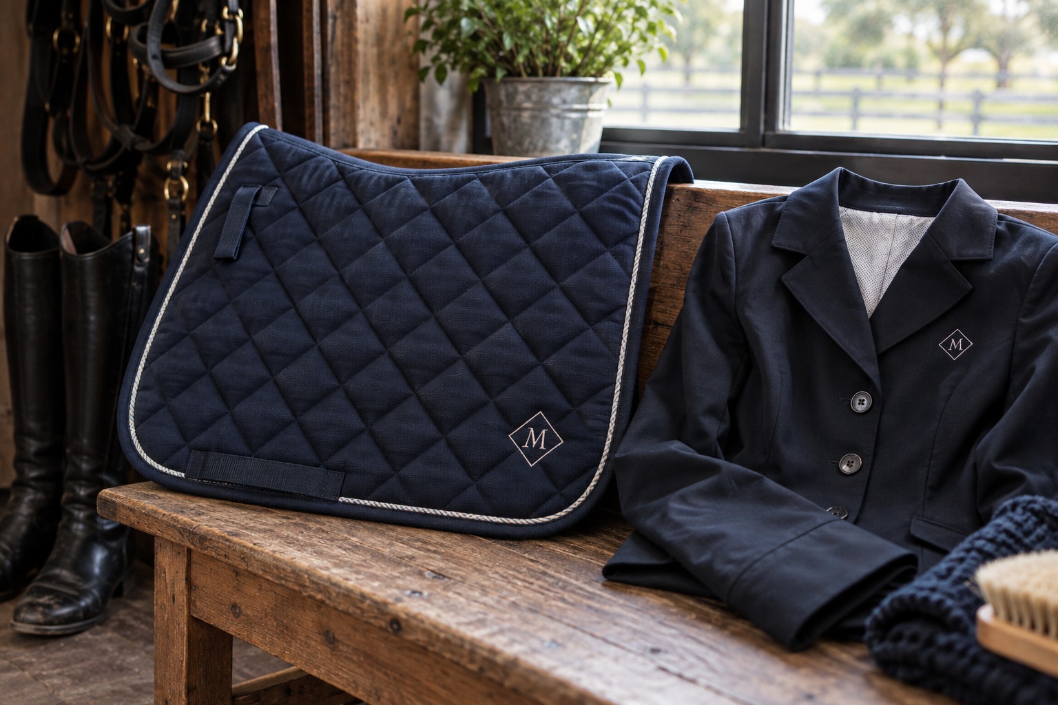 Navy saddle pad and riding jacket with understated embroidered details.