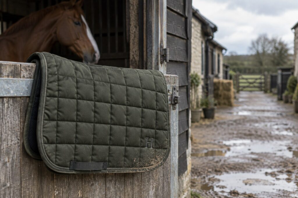 Olive quilted saddle pad with tonal embroidery on a stable door beside a horse.