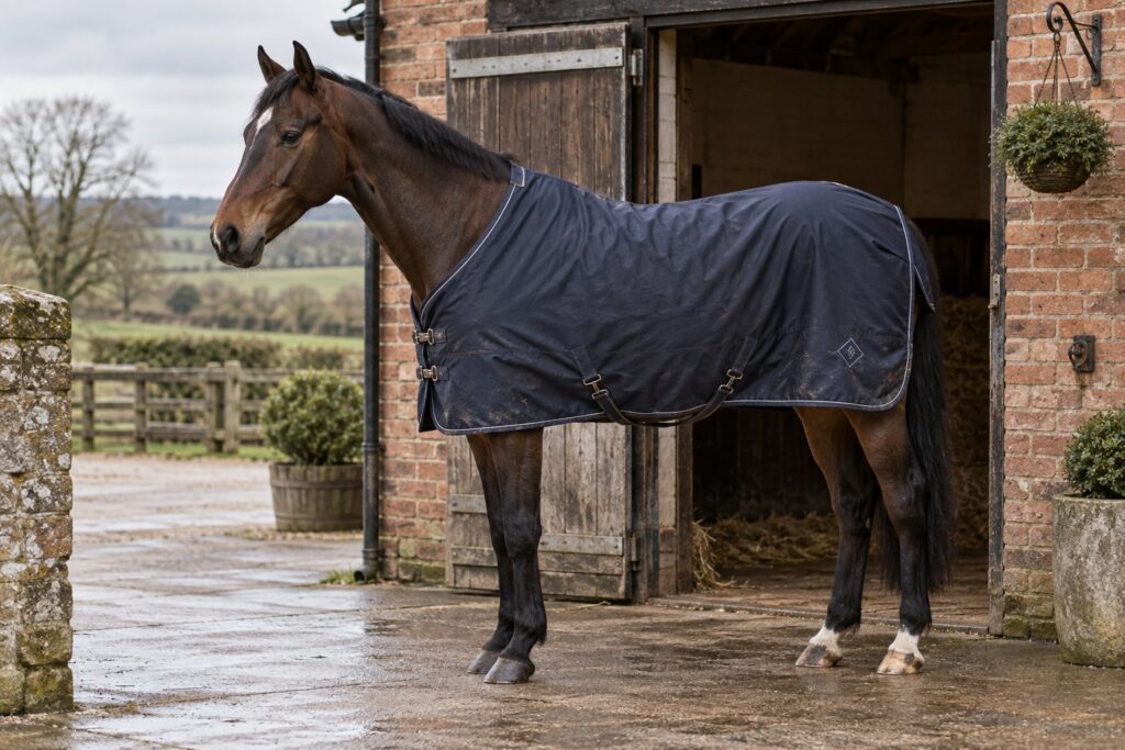 Bay horse wearing a navy rug outside a brick stable.